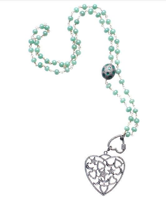 Green Agate, Diamond, Emerald Heart Pendant Rosary