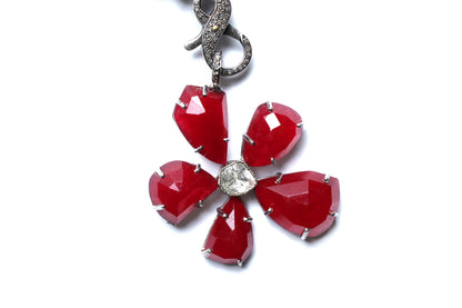 Botswana Agate Sapphire Ruby Emerald Agate Diamond Flower Pendant Necklace