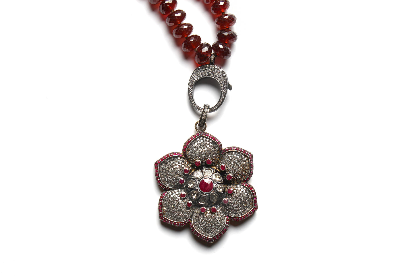 Garnet Polki Diamond Ruby Rose Diamond Flower Pendant Necklace