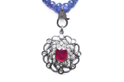 Lapis Rose Cut Diamond Vintage Ruby Pendant Beaded Necklace