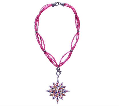Pink Agate Diamond Sapphire Peridot Starburst Pendant Necklace