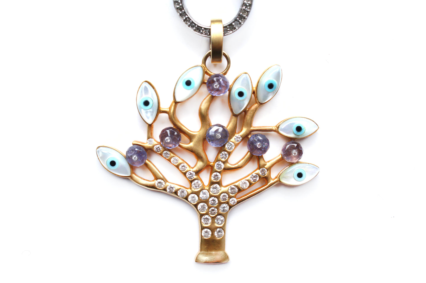 Green Agate Diamond 14k Gold Tanzanite Diamond Tree of Life Beaded Necklace