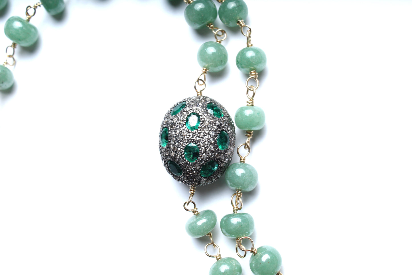 Green Agate, Diamond, Emerald Heart Pendant Rosary