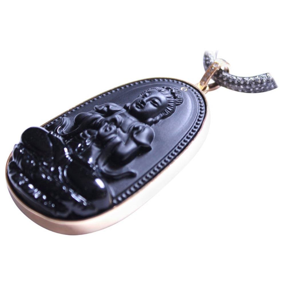 Volcanic Rock 14k Gold Diamond Hand Carved Buddha Pendant