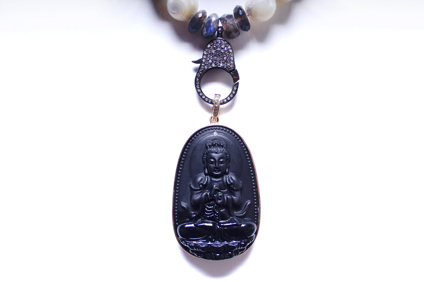 Volcanic Rock 14k Gold Diamond Hand Carved Buddha Pendant