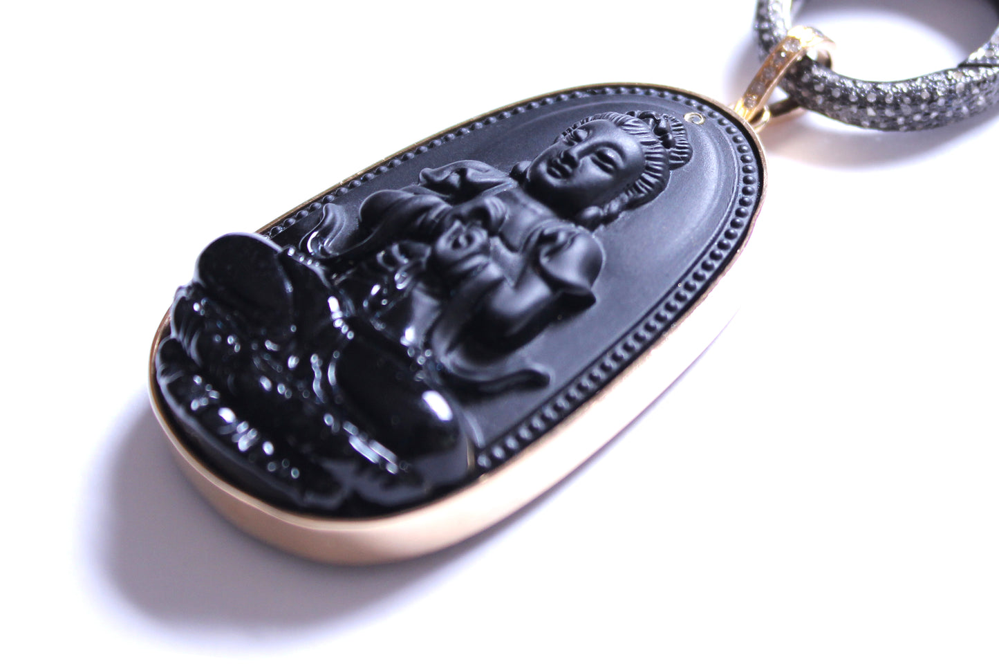 Volcanic Rock 14k Gold Diamond Hand Carved Buddha Pendant