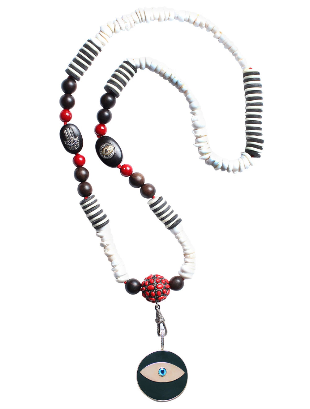 Ebony Evil Eye Pendant Ebony Sapphire Cinnabar Beaded Necklace